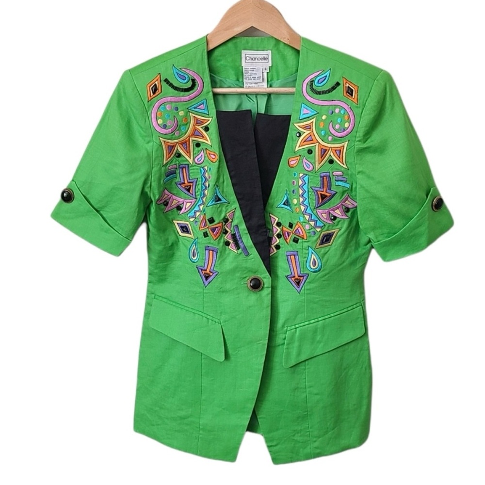 Vintage CHANCELLE Jacket Blazer  Fitted Green Colorful Embroidery Beaded - Picture 6 of 8